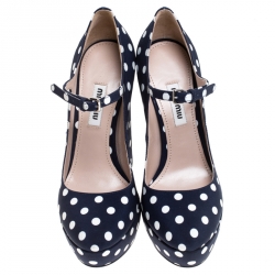 مملوكة مسبقًا حذاء كعب عالي ميو ميو نعل سميك ماري جين كانفاس منقط أزرق مقاس 35.5