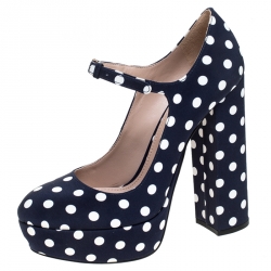 مملوكة مسبقًا حذاء كعب عالي ميو ميو نعل سميك ماري جين كانفاس منقط أزرق مقاس 35.5