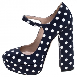 مملوكة مسبقًا حذاء كعب عالي ميو ميو نعل سميك ماري جين كانفاس منقط أزرق مقاس 35.5