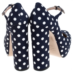 مملوكة مسبقًا حذاء كعب عالي ميو ميو نعل سميك ماري جين كانفاس منقط أزرق مقاس 35.5