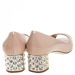 مملوكة مسبقًا Miu Miu Beige Patent Leather Peep Toe Embellished Block Heel Pumps Size 37
