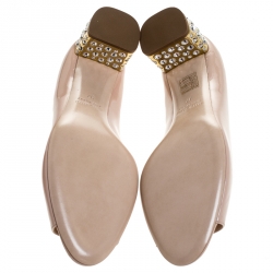 مملوكة مسبقًا Miu Miu Beige Patent Leather Peep Toe Embellished Block Heel Pumps Size 37