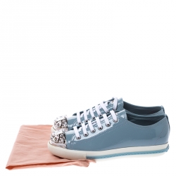 Pre Owned Miu Miu Blue Patent Leather Crystal Embellished Cap Toe Lace Up Sneakers Size 36.5