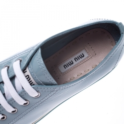 Pre Owned Miu Miu Blue Patent Leather Crystal Embellished Cap Toe Lace Up Sneakers Size 36.5