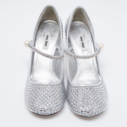 مملوكة مسبقًا Miu Miu Silver Mesh And Leather Embellished Mary Jane Pumps Size 40