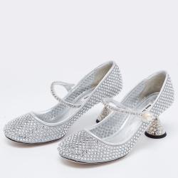 مملوكة مسبقًا Miu Miu Silver Mesh And Leather Embellished Mary Jane Pumps Size 40
