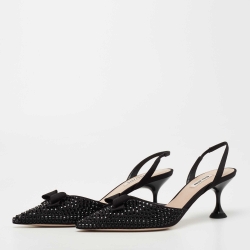 Pre Owned Miu Miu Black Crystal Embellished Satin Bow Slingback Pumps Size 37.5