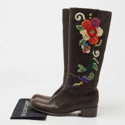 Pre Owned Miu Miu Brown Leather Floral Embroidered Riding Knee Length Boots Size 40