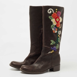 Pre Owned Miu Miu Brown Leather Floral Embroidered Riding Knee Length Boots Size 40