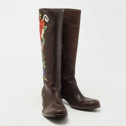 Pre Owned Miu Miu Brown Leather Floral Embroidered Riding Knee Length Boots Size 40