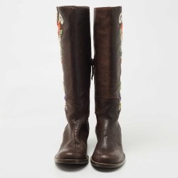 Pre Owned Miu Miu Brown Leather Floral Embroidered Riding Knee Length Boots Size 40