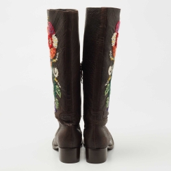Pre Owned Miu Miu Brown Leather Floral Embroidered Riding Knee Length Boots Size 40