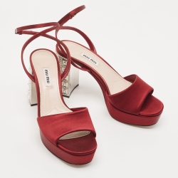 Miu Miu Burgundy Satin Crystal Heel Ankle Strap Sandals Size 39.5