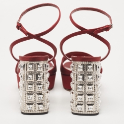 Miu Miu Burgundy Satin Crystal Heel Ankle Strap Sandals Size 39.5