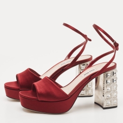 Miu Miu Burgundy Satin Crystal Heel Ankle Strap Sandals Size 39.5