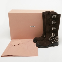 Pre Owned Miu Miu Brown Suede Mid Calf Length Moto Boots Size 37