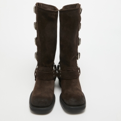 Pre Owned Miu Miu Brown Suede Mid Calf Length Moto Boots Size 37