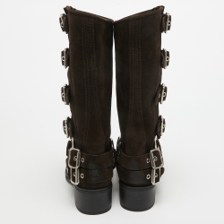 Pre Owned Miu Miu Brown Suede Mid Calf Length Moto Boots Size 37