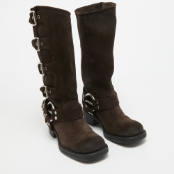 Pre Owned Miu Miu Brown Suede Mid Calf Length Moto Boots Size 37