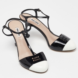 Pre Owned Miu Miu Black/White Patent Leather Ankle Strap Sandals Size 38.5