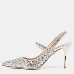 Pre Owned Miu Miu Silver Glitter Crystal Embellished Slingback Pumps Size 37.5