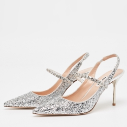 Pre Owned Miu Miu Silver Glitter Crystal Embellished Slingback Pumps Size 37.5