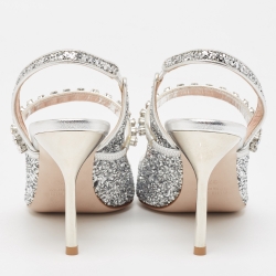 Pre Owned Miu Miu Silver Glitter Crystal Embellished Slingback Pumps Size 37.5