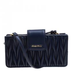 Miu Miu Navy Blue Matelasse Leather Phone Bag