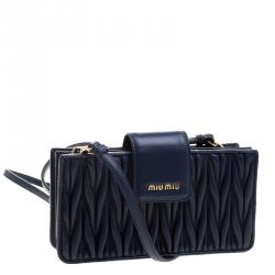 Miu Miu Navy Blue Matelasse Leather Phone Bag