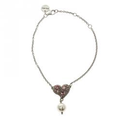 Miu Miu Crystal Faux Pearl Heart Silver Chain Bracelet