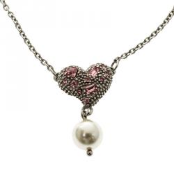 Miu Miu Crystal Faux Pearl Heart Silver Chain Bracelet