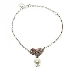 Miu Miu Crystal Faux Pearl Heart Silver Chain Bracelet