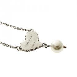 Miu Miu Crystal Faux Pearl Heart Silver Chain Bracelet