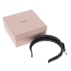Miu Miu Navy Blue Jacquard Grifon Metal Embellished Headband