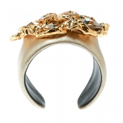 Miu Miu Crystal Leather Gold Tone Statement Open Cuff Bracelet 