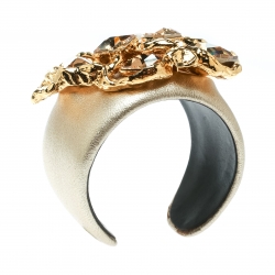 Miu Miu Crystal Leather Gold Tone Statement Open Cuff Bracelet 