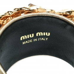 Miu Miu Crystal Leather Gold Tone Statement Open Cuff Bracelet 