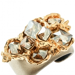 Miu Miu Crystal Leather Gold Tone Statement Open Cuff Bracelet 
