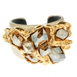 Miu Miu Crystal Leather Gold Tone Statement Open Cuff Bracelet 