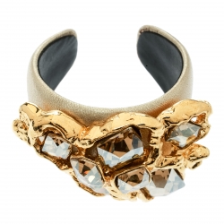 Miu Miu Crystal Leather Gold Tone Statement Open Cuff Bracelet 