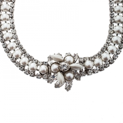 Miu Miu Crystal Faux Pearl Studded Silver Tone Flower Collar Necklace