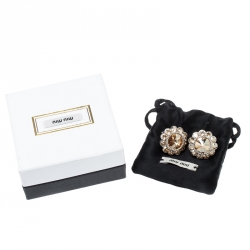 Miu Miu Brown Crystal Flower Silver Tone Clip-on Stud Earrings