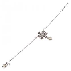 Miu Miu Silver 925 Snow Flake Crystal Embellished Drop Pearl Bracelet