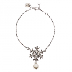 Miu Miu Silver 925 Snow Flake Crystal Embellished Drop Pearl Bracelet