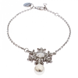 Miu Miu Silver 925 Snow Flake Crystal Embellished Drop Pearl Bracelet