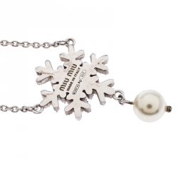 Miu Miu Silver 925 Snow Flake Crystal Embellished Drop Pearl Bracelet