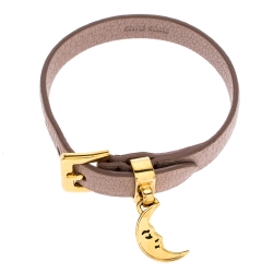 Pre Owned Miu Miu Dusty Pink Leather Gold Tone Crescent Moon Charm Bracelet