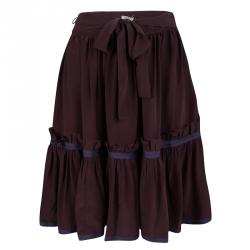 Miu Miu Burgundy Silk Tie Detail Ruffled Skirt M