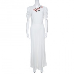 Miu Miu White Floral Embellished Neck Ruched Sleeve Dress S