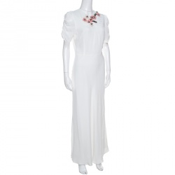 Miu Miu White Floral Embellished Neck Ruched Sleeve Dress S